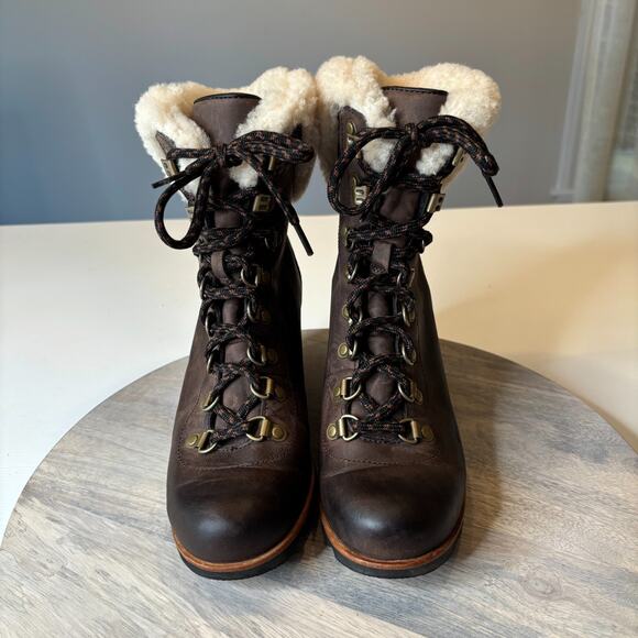 Sorel Conquest Wedge II Shearling Lace Up Boots Brown Leather Size 8 - Picture 4 of 12